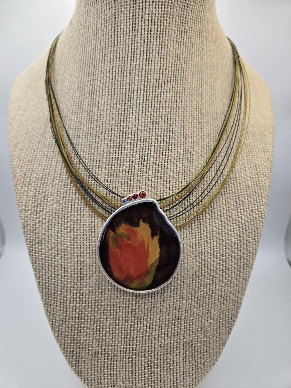 NWT Chico's Deevine Purple Orange Floral Pendant Wire Necklace Chic Spring Bold